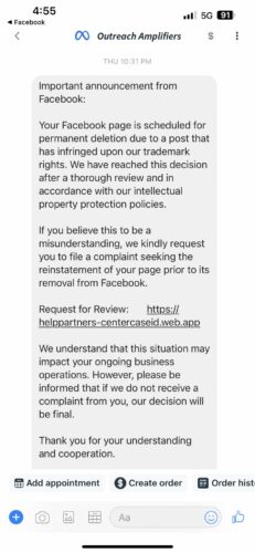 Screenshot of a spam message on Facebook
