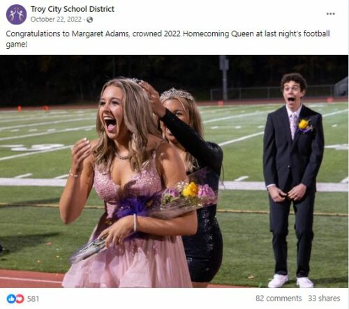 Photo of homecoming crowning at Troy City School District