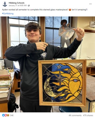 Post from Hibbing Schools, Michigan featuring a student with his stained glass masterpiece