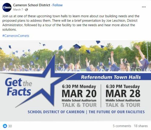 Referendum post example from Cameron School District
