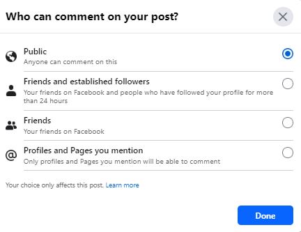 Screenshot of Facebook Settings: Who can comment on your post
