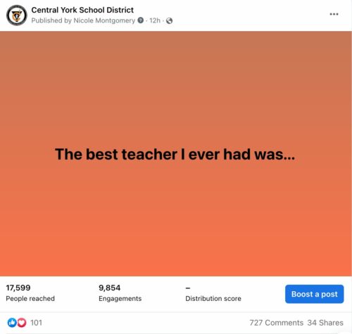Central York School District "Best Teacher" post example
