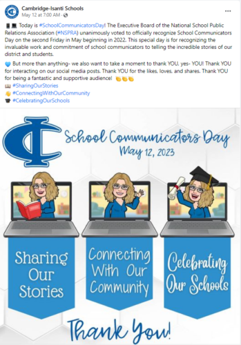 Cambridge-Isanti Schools example post for School Communicators Day