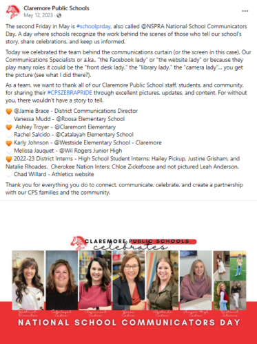 Claremore Public Schools example post for School Communicators Day