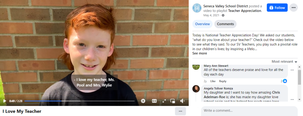 Seneca Valley School District- "I love my teacher because" video