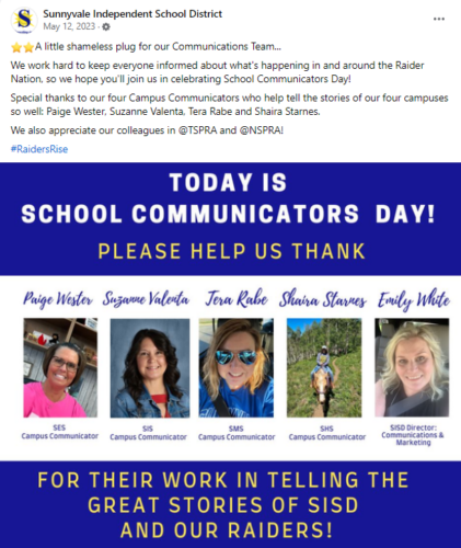 Sunnyvale Independent School District example post for School Communicators Day