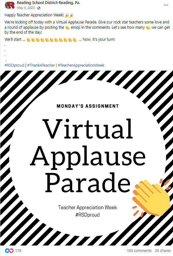 Reading School District's Virtual Applause Post Example