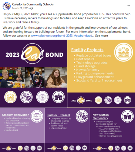 Fantastic Bond Campaign Award - Caledonia Community Schools, MI - Kelly Clark Post Example