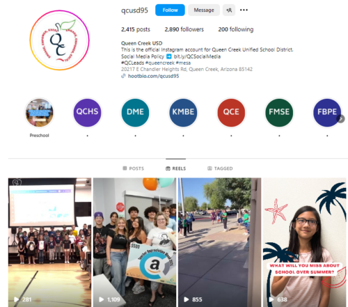 Social Media All-Star Award - Queen Creek Unified School District, AZ Instagram Page