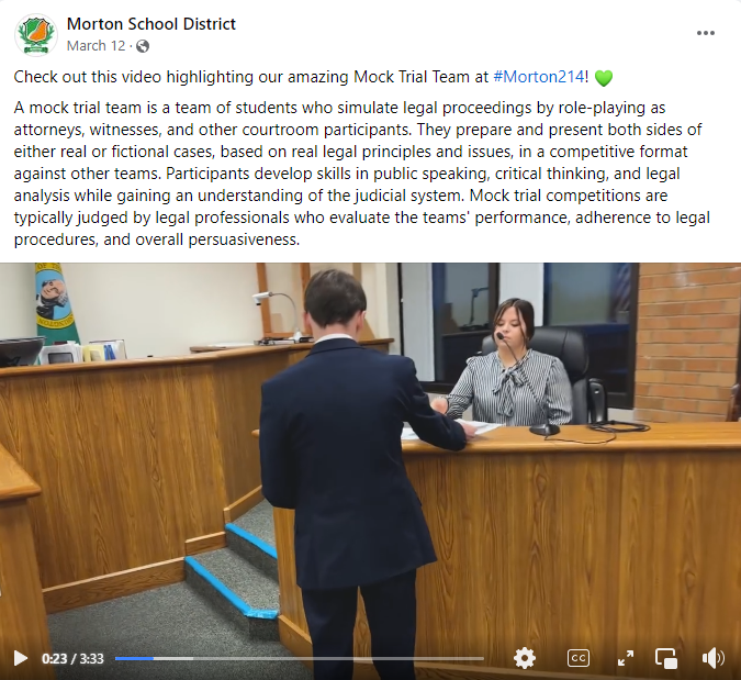 Morton School District Facebook Video of their Mock Trial Team