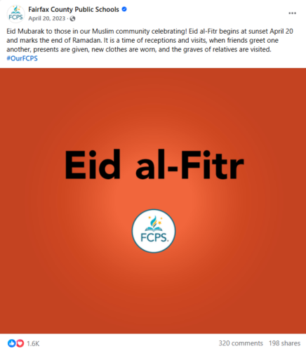 Fairfax County Public Schools Eid al-Fitr post