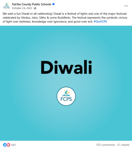 Fairfax County Public Schools Diwali post