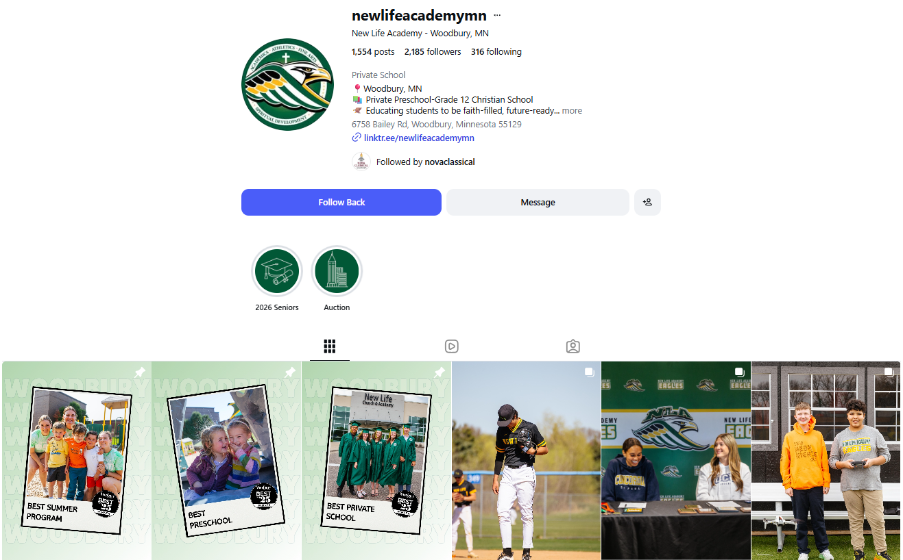 New Life Academy Instagram page