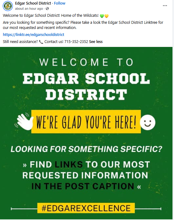 Edgar School District's pinned post on Facebook