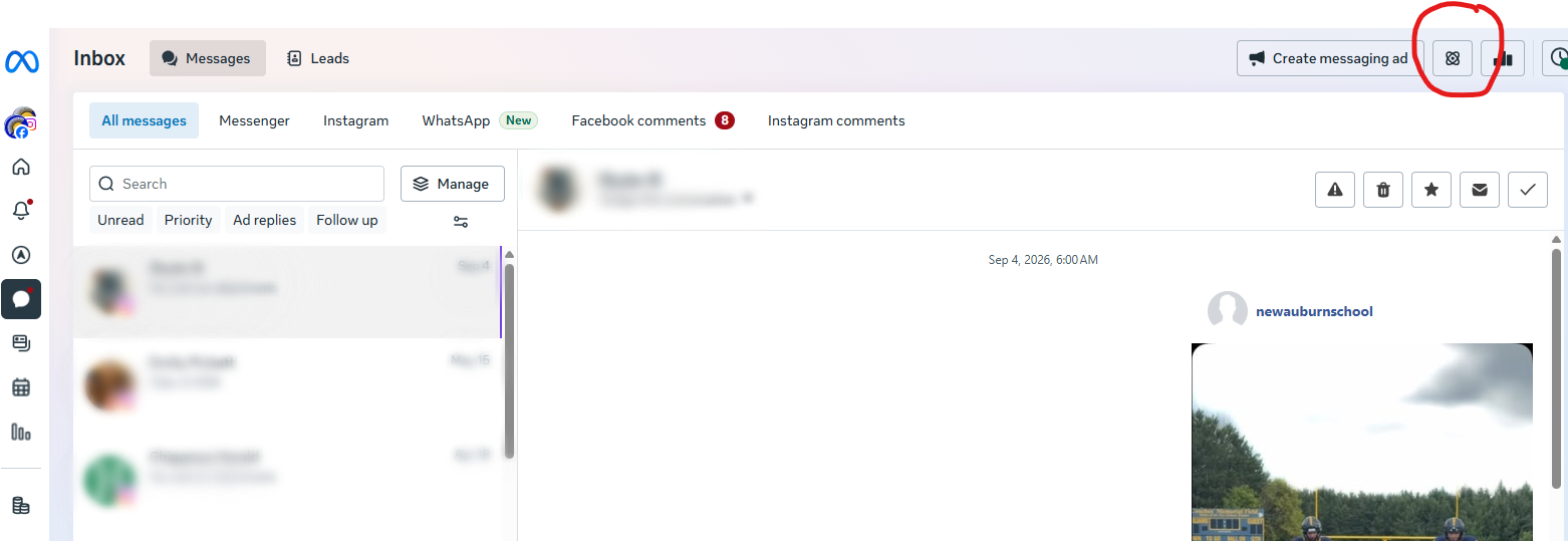 Screenshot of Meta Business Suite, select the automation symbol