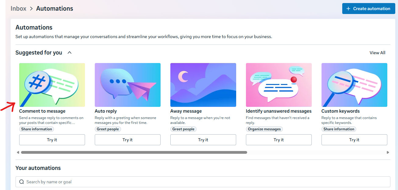 Screenshot of Meta Business Suite, choose "comment to message"