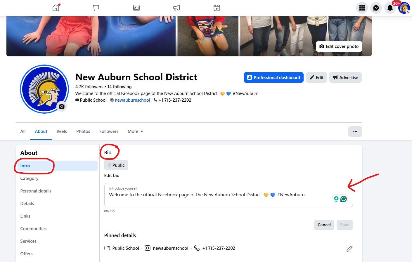 New Auburn School District's Facebook Intro section
