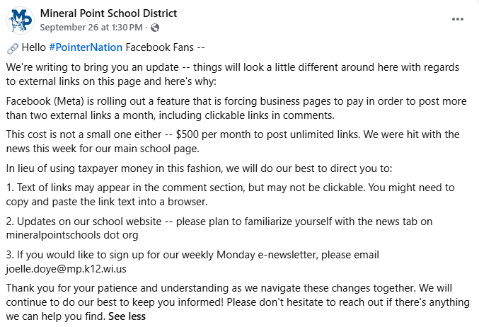 Mineral Point Unified School District's Facebook post about links