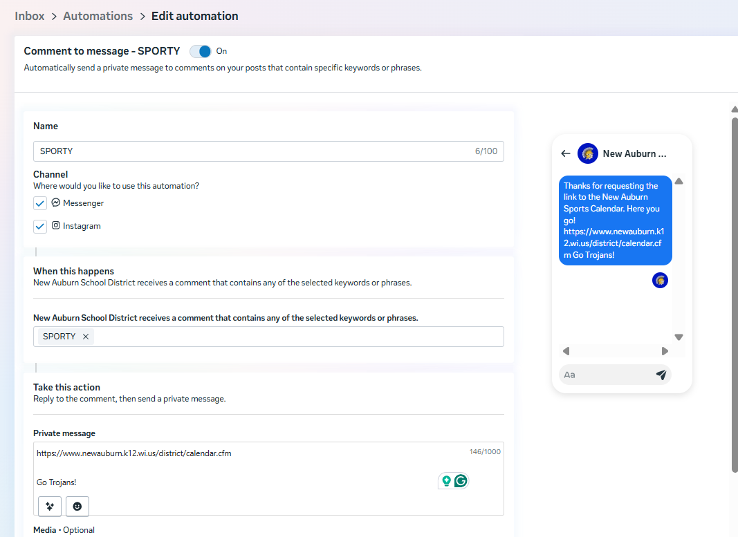 Screenshot of Facebook automation set up