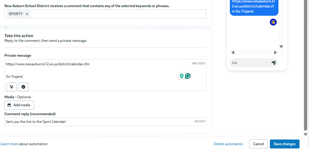 Screenshot of Facebook automation set up